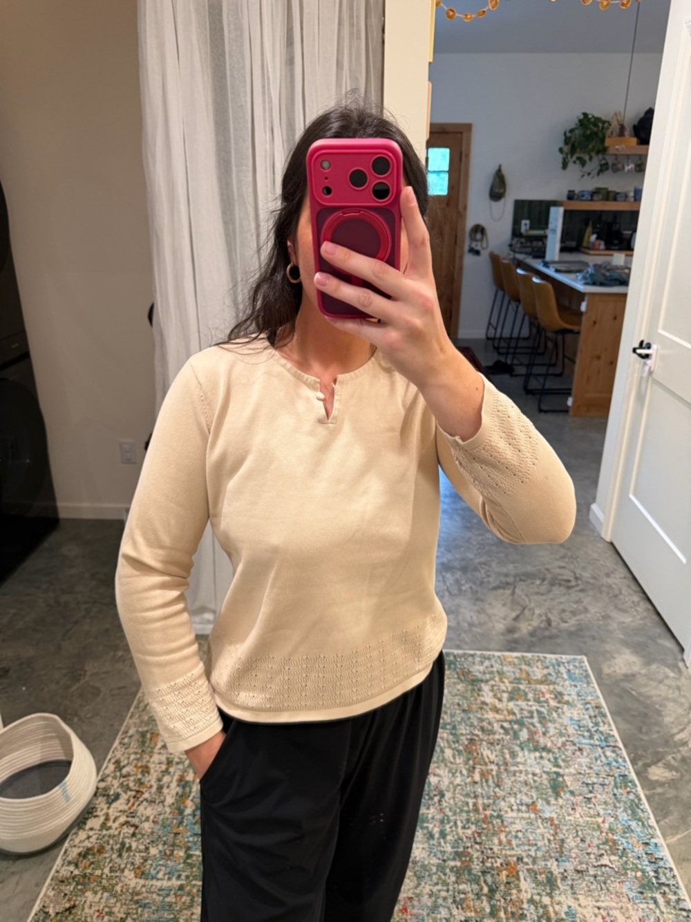 Emma James Cream Notch-Neck Long Sleeve Knit Top